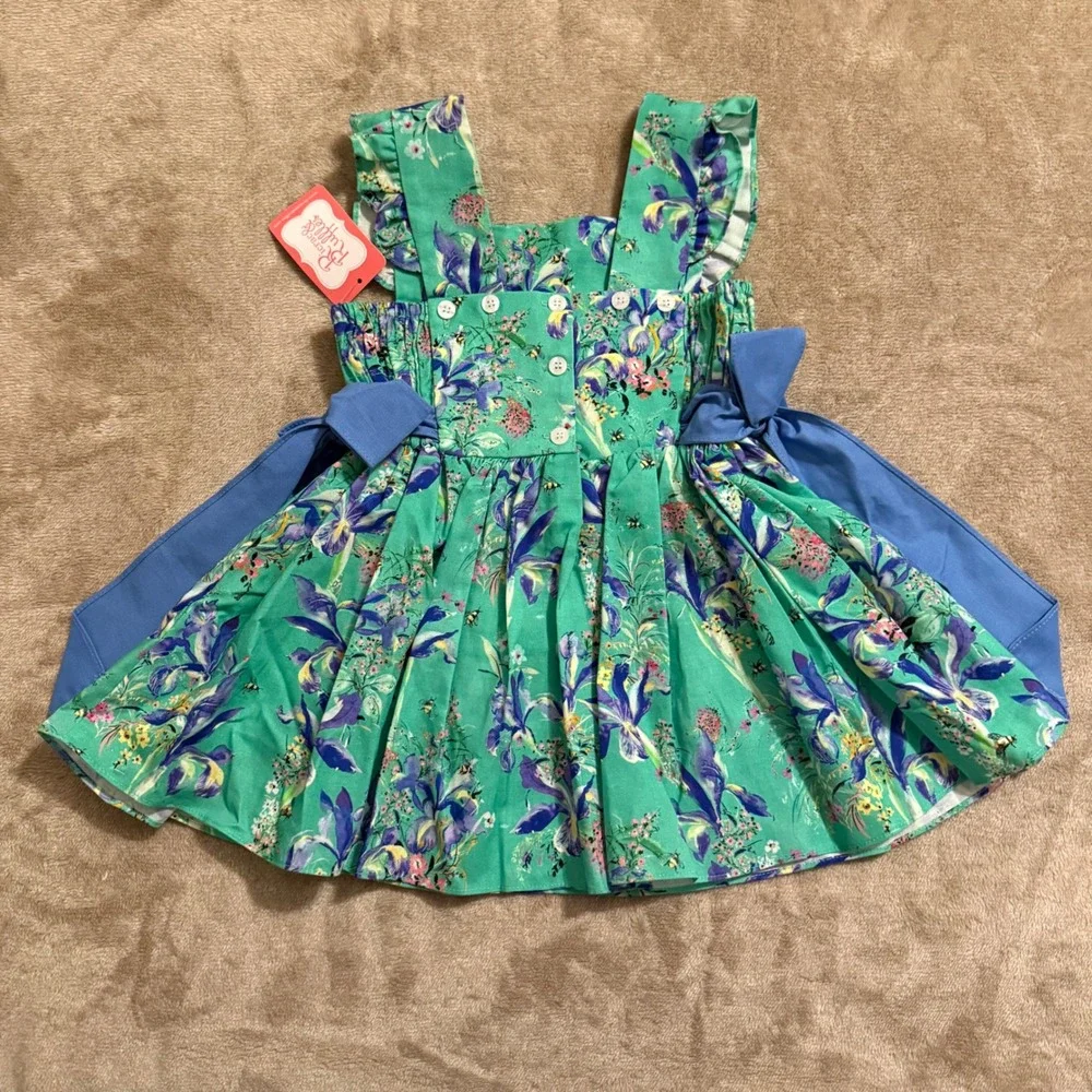Ricrac & Ruffles Girls Floral Pinafore Bloomer Set Green Iris Bee Size 5 NWT